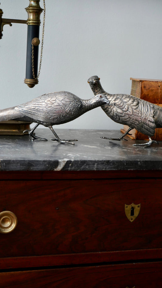 Antique Pair of Sterling Silver Pheasants
